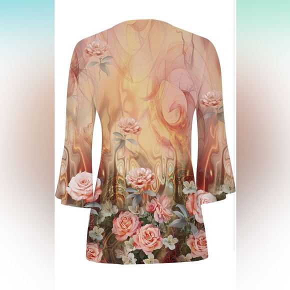 Floral Print V-Neck 3/4 Bell Sleeve Bohemian Blouse - Picture 2 of 7